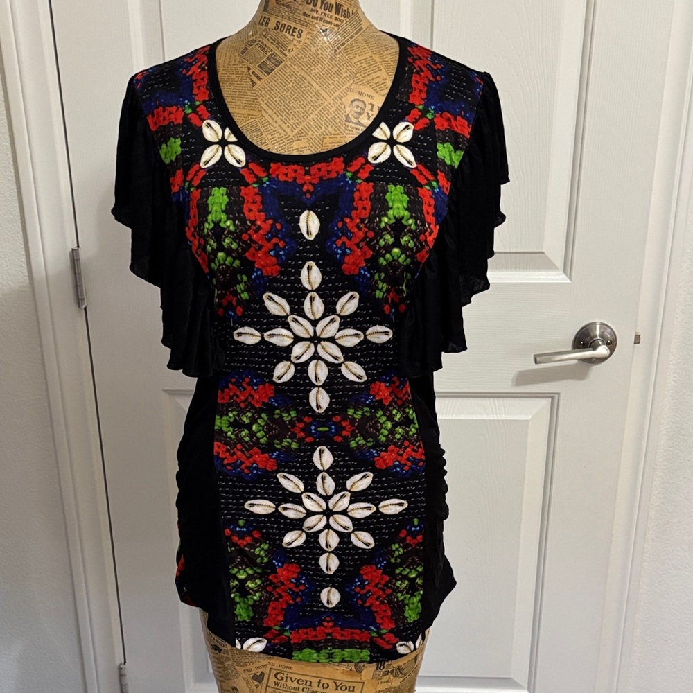 Custo Barcelona Line blouse top (3) shell abstract print ruffle sleeve Y2K boho - Picture 1 of 9